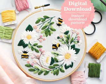 Patrón de bordado de margaritas y abejas, descarga digital, patrón floral, bordado botánico, manualidad imprimible, bordado a mano, Maggie Jo
