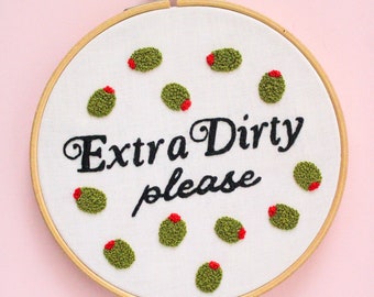Finished Extra Dirty Please Embroidery, Olive Wall Art, Finished Embroidery Art, Martini Embroidery, Cocktail Aesthetic Decor, French Knots