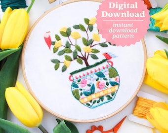 Potted Lemon Tree Embroidery Pattern, Bird Embroidery, Beginner Friendly Craft, Digital Download Embroidery, Maggie Jo&#39;s Studio, Lemon Art