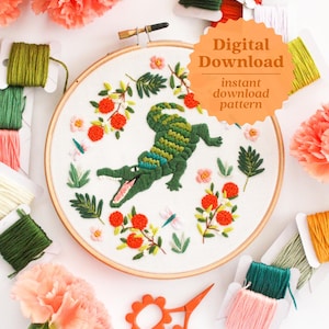 Modello di ricamo alligatore, artigianato della Florida, arredamento della Louisiana, ricamo alligatore, arte della frutta delle arance, ricamo a mano, tutorial PDF, Maggie Jos