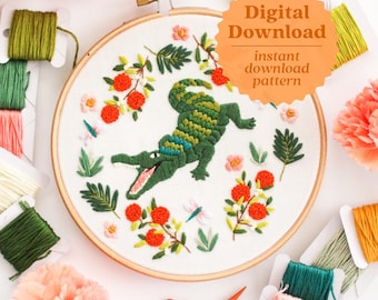 Alligator Embroidery Pattern, Florida Craft, Louisiana Decor, Gator Embroidery, Oranges Fruit Art, Hand Embroidery, Tutorial PDF, Maggie Jos