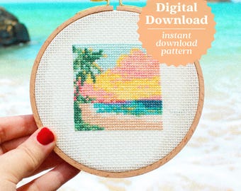 Island Beach Cross Stitch Pattern, Mini PDF Download, Sunset Art, Hawaii X Stitch, Tropical X Stitch, Palm Tree Aesthetic, Beachy Pattern