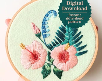 ハイビスカスの刺繍パターン、手刺繍チュートリアル、トロピカルアート