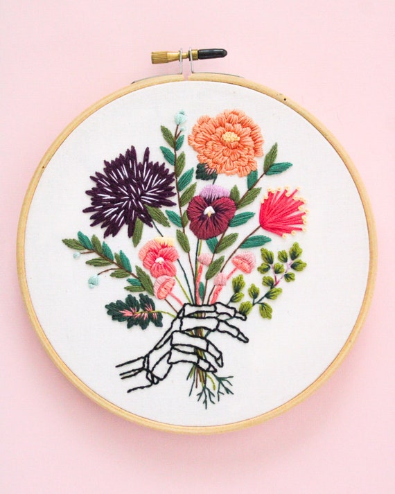Finished Skeleton Bouquet Embroidery, Spooky Wall Art, Halloween Aesthetic, Skeleton Hand Art, Embroidery Wall Art, Gift for Halloween Lover