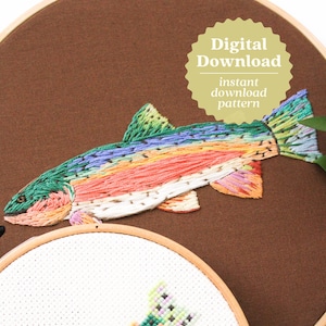Rainbow Trout Embroidery Pattern, Digital Download Pattern, Nature Embroidery, Fishing Pattern, Thread Painting Pattern, Maggie Jo&#39;s Studio