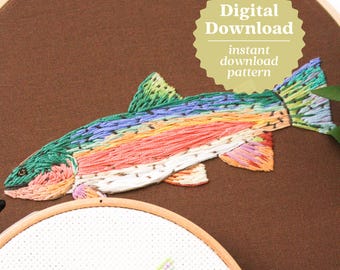 Rainbow Trout Embroidery Pattern, Digital Download Pattern, Nature Embroidery, Fishing Pattern, Thread Painting Pattern, Maggie Jo's Studio