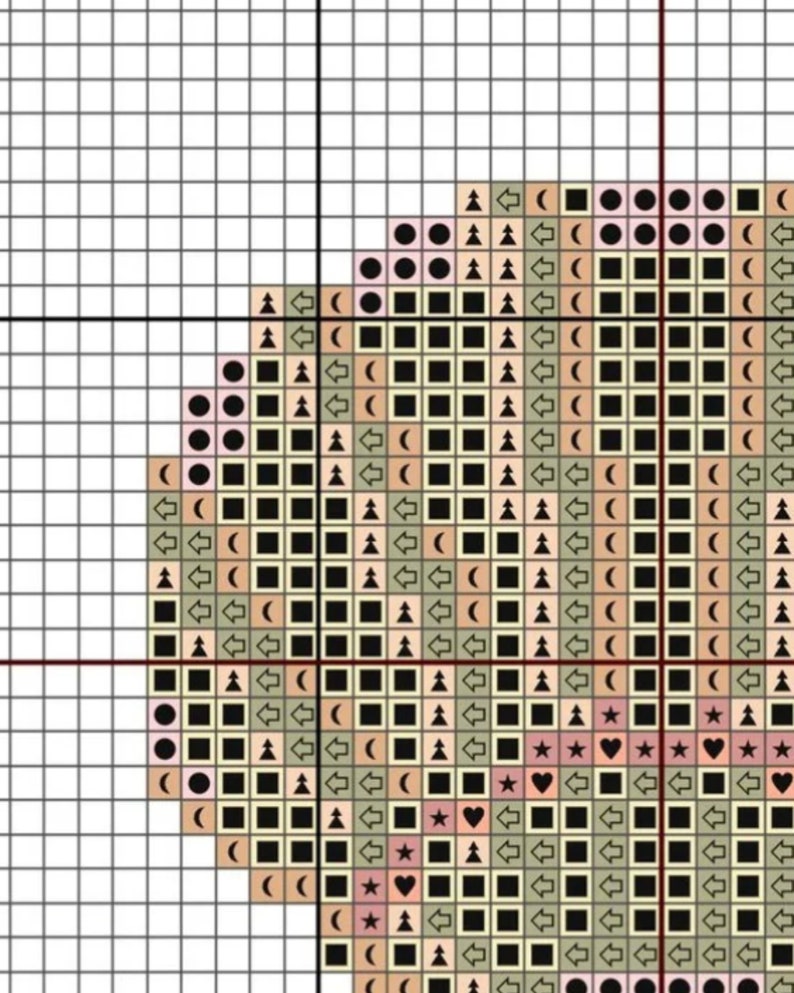 K&ouml;nnte beinhalten: Kreuzstichmuster mit einem herzf&ouml;rmigen Design. Das Muster enth&auml;lt eine Vielzahl von Symbolen, darunter Sterne, Herzen, Pfeile und Kreise. Die Symbole sind in einem sich wiederholenden Muster angeordnet.