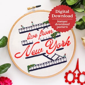 May include: Embroidered hoop art with the text "live from New York" in red and blue thread. The design features a stylized depiction of fire escapes with green plants and birds.