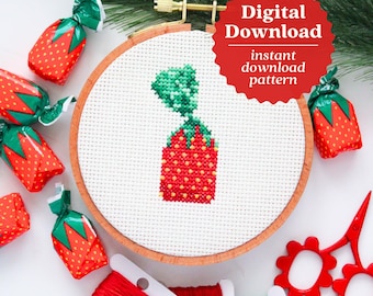 Patrón de punto de cruz de caramelo de fresa, arte de caramelo navideño, vacaciones de fresa, punto X nostálgico, punto de cruz retro, lindo mini caramelo DIY