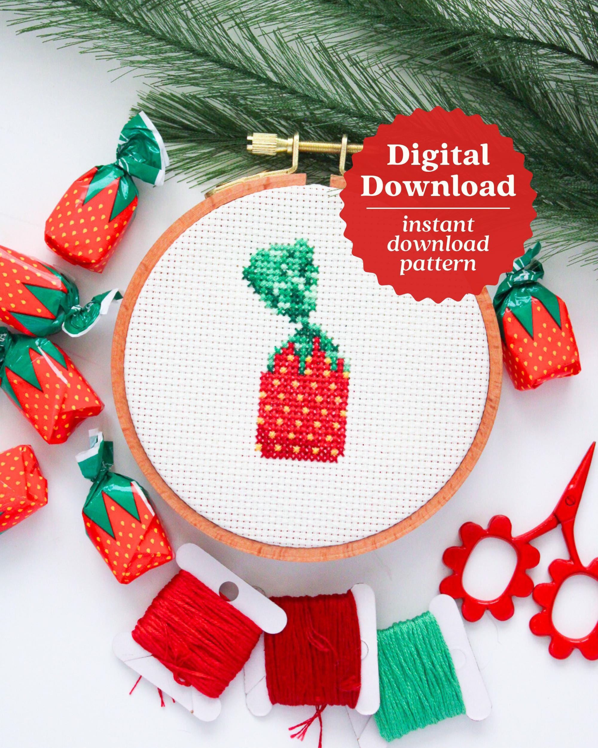 Strawberry Candy Cross Stitch Pattern, Christmas Candy Art