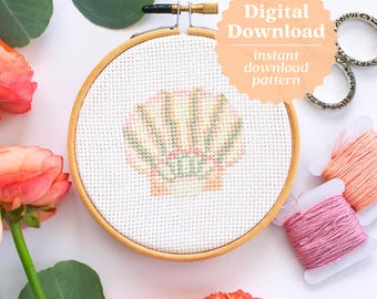 Scallop Shell Cross Stitch Pattern, Seashell Art, Ocean Cross Stitch, Beachy Pattern, Pastel Color Palette, Cross Stitch Mini Pattern