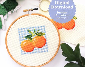 Patrón de punto de cruz de naranjas para picnic, manualidad de fruta naranja, punto de cruz para principiantes, bonito patrón de punto X, manualidad de cuadros escoceses para el verano, Maggie Jos Studio