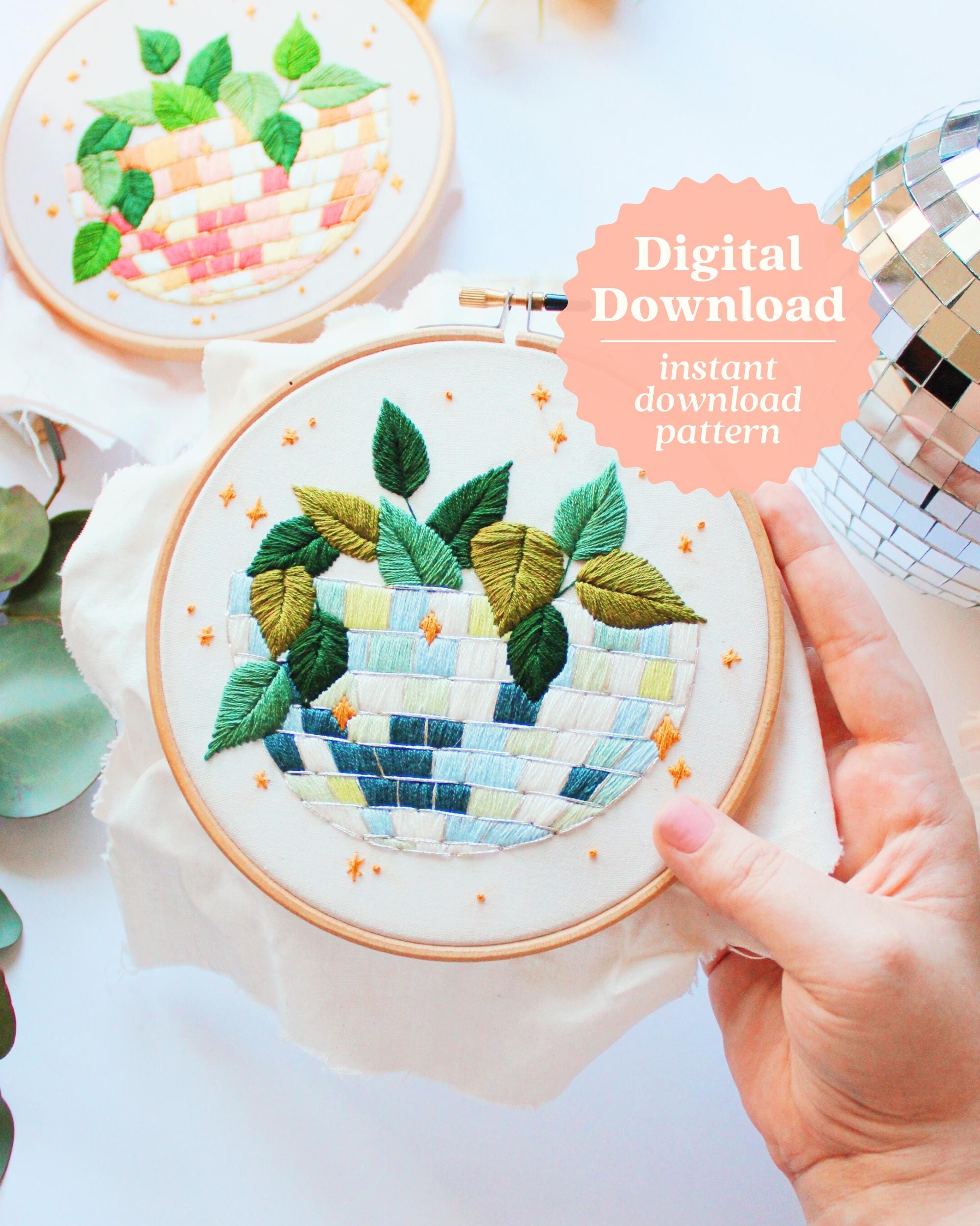 Disco Planter Embroidery Pattern, Hand Embroidery, Botanical Embroidery Pattern, Disco Ball Decor, Disco Embroidery, Maggie Jos Studio,