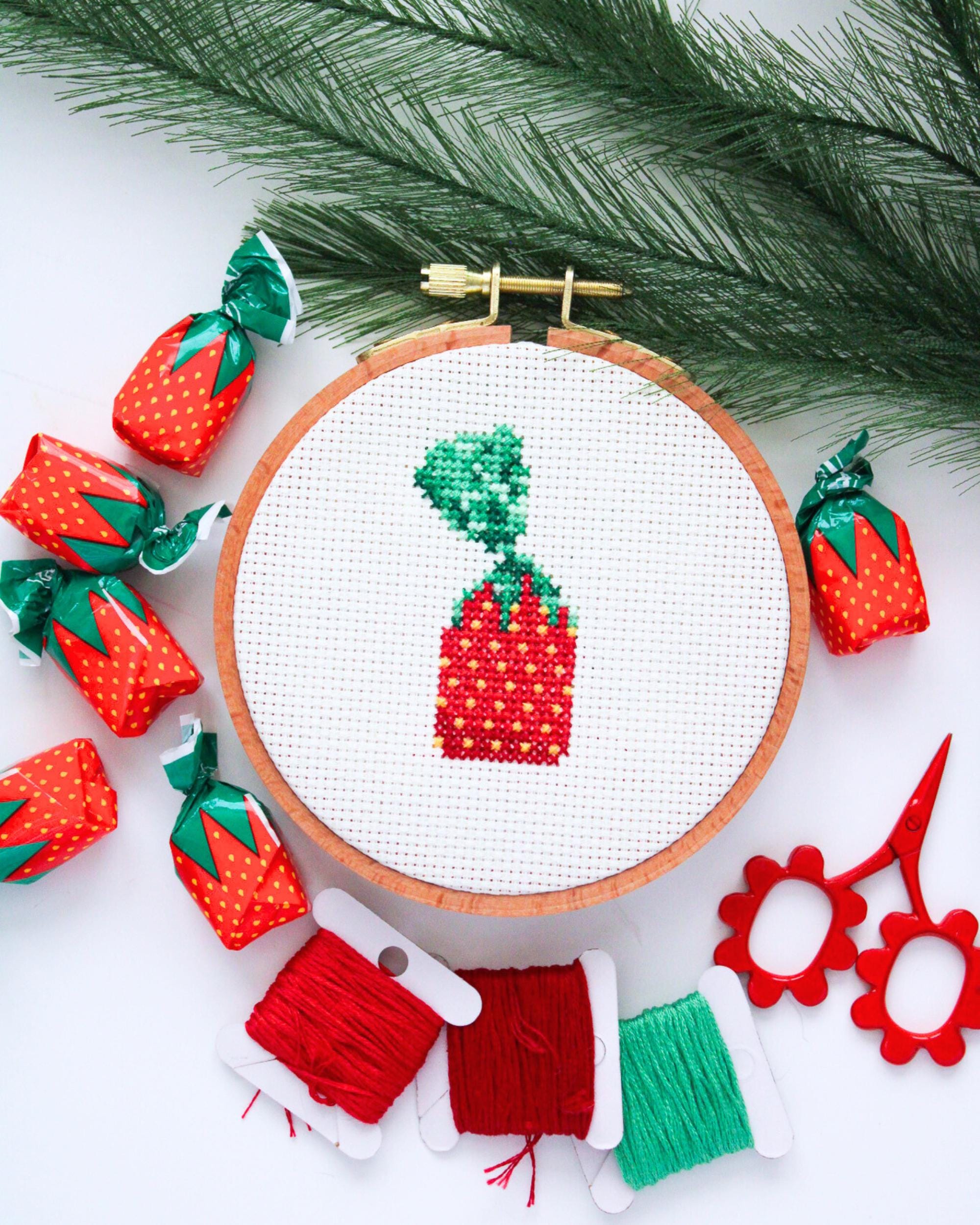 Strawberry Candy Cross Stitch Pattern, Christmas Candy Art