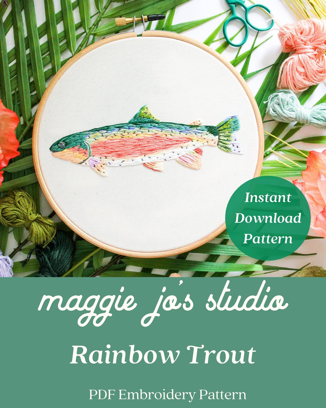 Rainbow Trout Embroidery Pattern, Digital Download Pattern, Nature
