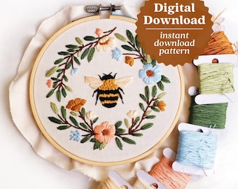 Bee Hand Embroidery Pattern, Digital Download Embroidery, Bumble Bee Embroidery Pattern, Self Gift, Beginner Friendly Needlepoint