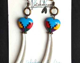 Earrings Inlay Hearts with Dentalium Dangle Earrings