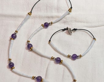 Dentalium & Amethyst Necklace and Bracelet Set