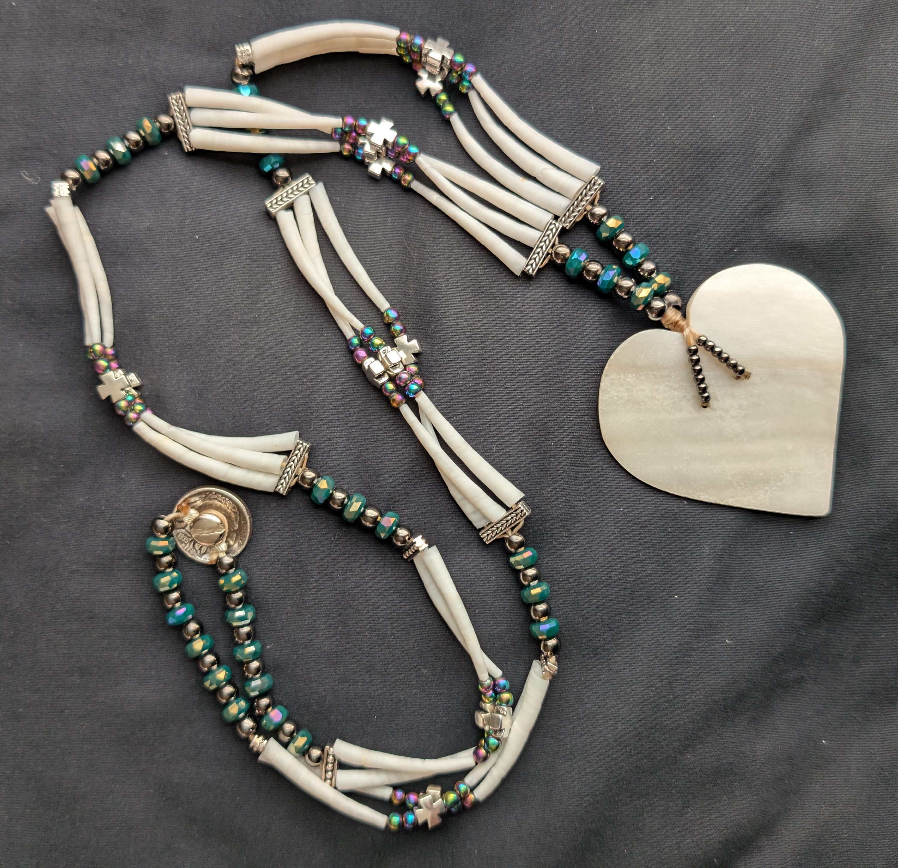 Heart & Dentalium Necklace - Green