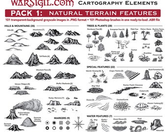 May include: A grayscale illustration of cartography elements, including hills, mountains, trees, plants, and water features. The image includes text: "WARSIGIL.COM CARTOGRAPHY ELEMENTS PACK 1: NATURAL TERRAIN FEATURES."