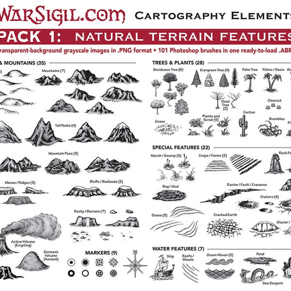 Cartografie-elementenpakket 1: Clip-Art- en Photoshop-penselen, 101 afbeeldingen