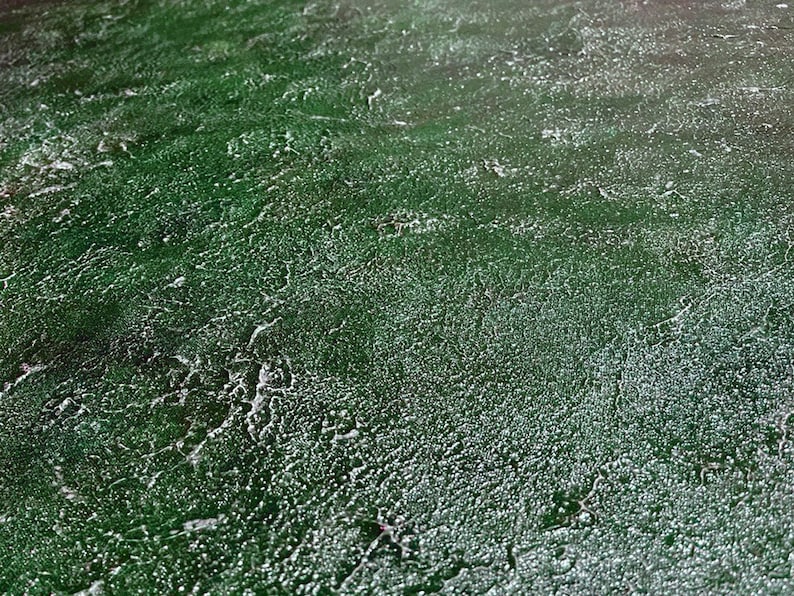 May include: Close-up of a green textured surface with white flecks. The surface has a rough, uneven texture.