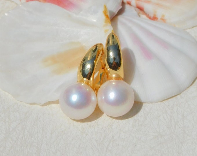 Vermeil Horseshoe Hoop Pearl Earrings | Freshwater Pearl Earrings | AAA+ | 10.7mm | White with Pink | Edison Pearl | Hoops | Latch Back