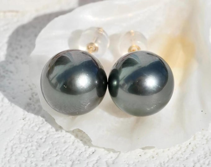 10.4mm Tahitian Pearl Studs: Solid 18K Gold, Dark Charcoal Peacock, Aubergine, AAA