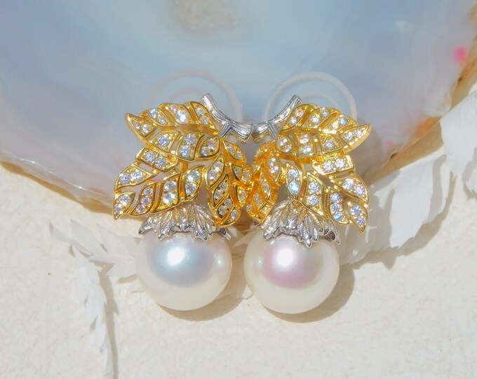 Two Tone Leaf Pearl Earrings | Cluster Earrings | AAA | 10.9mm | Drop Earrings | Freshwater Pearl Drop Earrings | Large Pearl | White