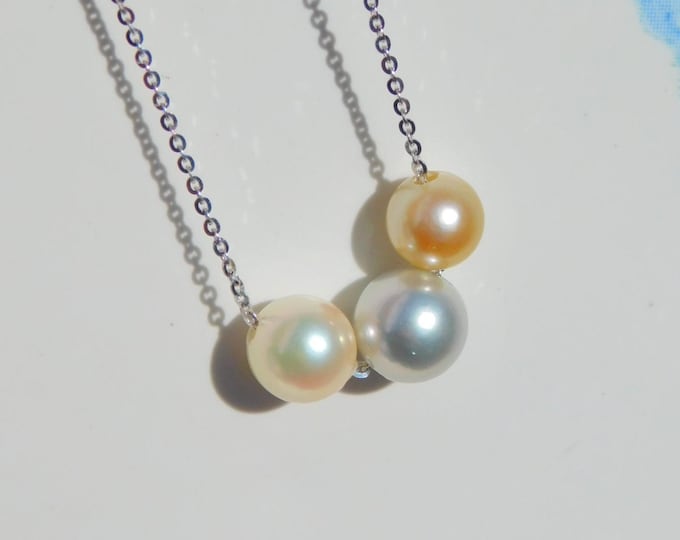 Triple Pastel Akoya Floating Pearl Necklace | 6-7mm | Japanese Saltwater Pearls | AAA | Dainty | Adjustable Pin-end | Solid 18kt White Gold