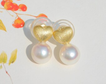 Vermeil Heart Akoya Pearl Earrings | 8.4mm | AAA | Creamy White | Near Round | Japanese Saltwater Pearl | Brushed Finish | Heart Earrings