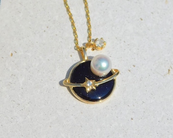 Earth Moon Star Charms Necklace | Akoya Pearl | Natural Diamond | Dainty Design | Adjustable Chain | Solid 18kt Gold | Saltwater Pearls