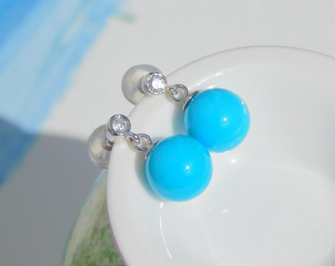 Sleeping Beauty Turquoise Diamond Drop Earrings  | Round | Solid 18kt White Gold | 7.5mm | Authentic Intense Blue Turquoise | AAA+ | Au750