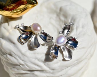 Keshi Pearl Flower Earrings: White Gold Plated Silver, Bold Statement