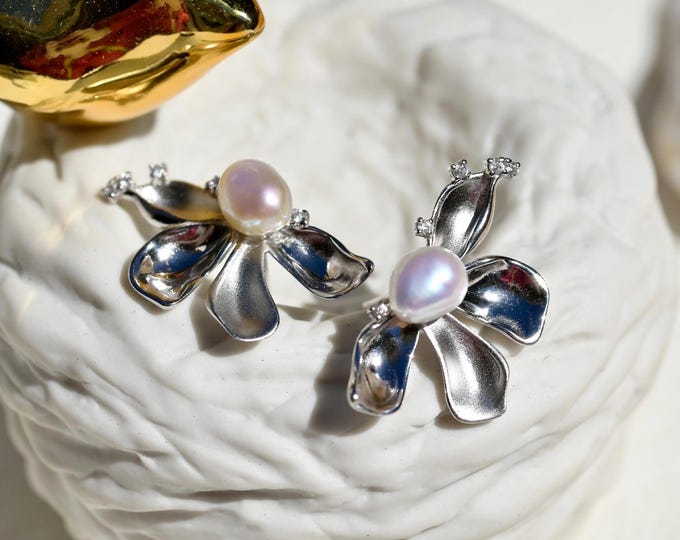 Keshi Pearl Flower Earrings: White Gold Plated Silver, Bold Statement