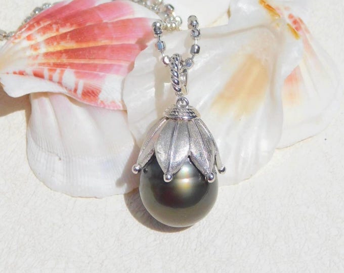 15mm Tahitian Pearl Pendant Silver Chain Necklace | Large Tahitian Pearl | Adjustable Sterling Silver Faceted Bar Chain | Removable | AAA