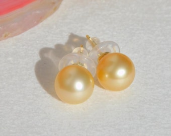 9.9mm Golden South Sea Pearl Studs | Medium Golden | AAA | Round | Solid 18K Gold Studs | Golden Pearl Studs | Gold Pearl | Saltwater Pearls