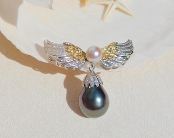 Vermeil Eagle Wings Akoya and Tahitian Pearl Brooch  | Gold over Sterling Silver | Pearl Pin | 7.1mm | 13.5mm | AAA | Pastel Blue | Peacock