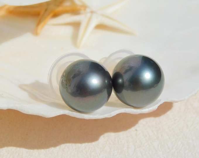 11.5mm Tahitian Pearl Studs | Deep Blue Black | AAA | Solid 18kt Gold Studs | South Sea Pearl | Saltwater Pearls | Black Pearl | Au750