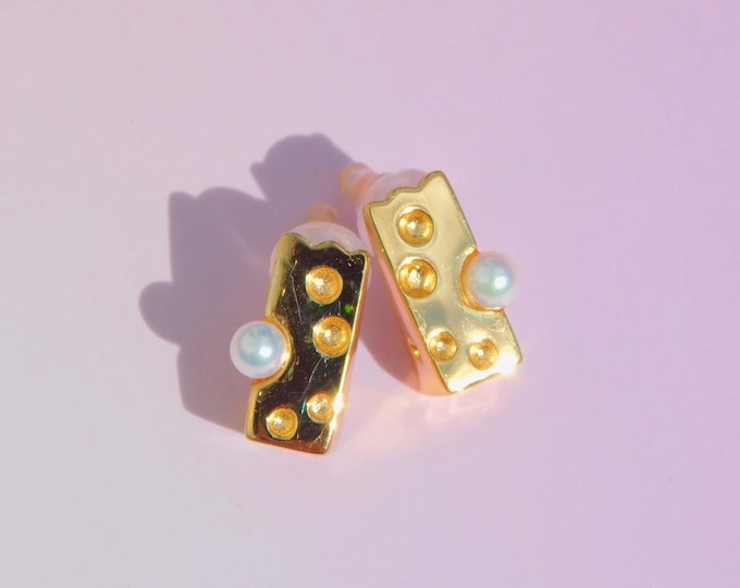 Cute Cheese | Vermeil Akoya Pearl Stud Earrings | 3D Post Earrings | Gold Plated Silver | Japanese Akoya | 3.5mm | AAA | Round