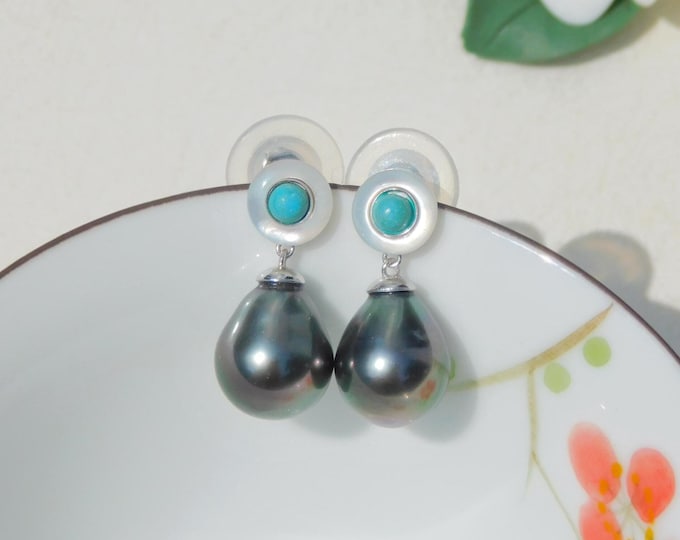 Tahitian Pearl Earrings | Blue | Turquoise | Mother of Pearl | AAA |  Saltwater Pearls | Gemstone and Pearls | 9.8mm | Teardrop Tahitian