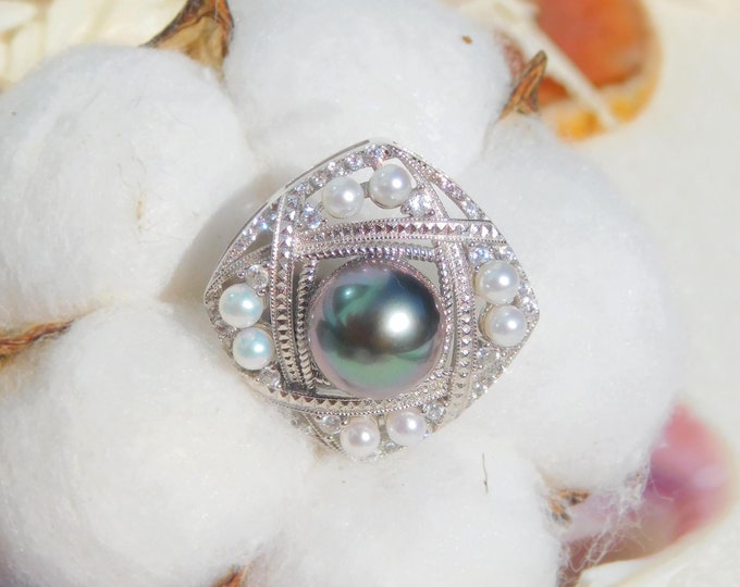 Aubergine Teal Tahitian Pearl Sterling Brooch/Pendant | Silver | Eight Freshwater Pearls | Pearl Pin | White Gold over Silver | AAA+
