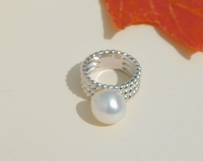 12.4mm Baroque White South Sea Pearl Ring | AAA | Size 6.75 US | Australian South Sea Pearl | Saltwater Pearl | White Gold Plated Silver