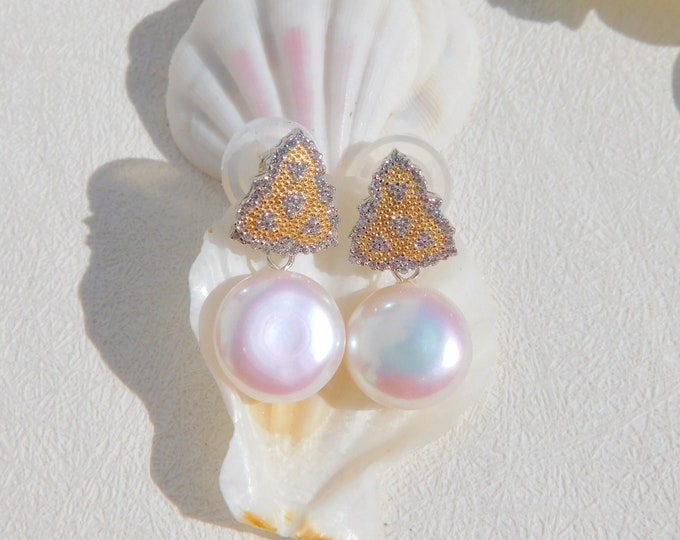 Vermeil Coin Pearl Earrings | 13.5mm | Freshwater Pearl Earrings | AAA | White Pearl Drop Earrings | White with Pink | Tree