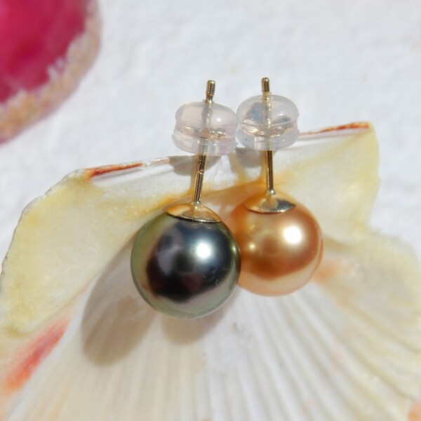 9.2mm Mismatched South Sea Pearl Studs | AAA |  Near Round | Sage Green vs. Golden | Solid 18K Gold | South Sea | Ready to ship