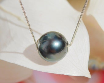 Floating Tahitian Pearl Necklace: Dark Blue Green, Black Pearl, 10.4mm, Adjustable Solid 18k White Gold Pin-end Chain (Optional)