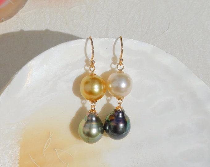 Mismatched Double Pearl Drop Earrings | South Sea Pearl Earrings | Solid 18kt Gold | Au750 | Australian Pearls | Golden South Sea | Tahitian