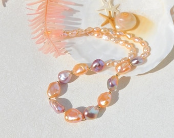 Coral Pink and Mauve Freshwater Keshi Pearl Necklace | 17 Inches | AAA+ | Soft Tone | Pearl Necklace | Keshi Pearls | Solid 18kt Gold |Au750