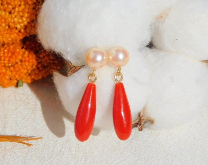 Japanese Akoya Pearl and Coral Earrings | Solid 18k Yellow Gold | Italian Red Coral | Saltwater Pearl Earrings | Red | White | AAA+