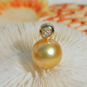 Flawless 13mm Golden South Seas Pearl Pendant |  Solid 14K Gold Single Pearl Pendant | Medium Tone Gold/Golden | Saltwater Pearl